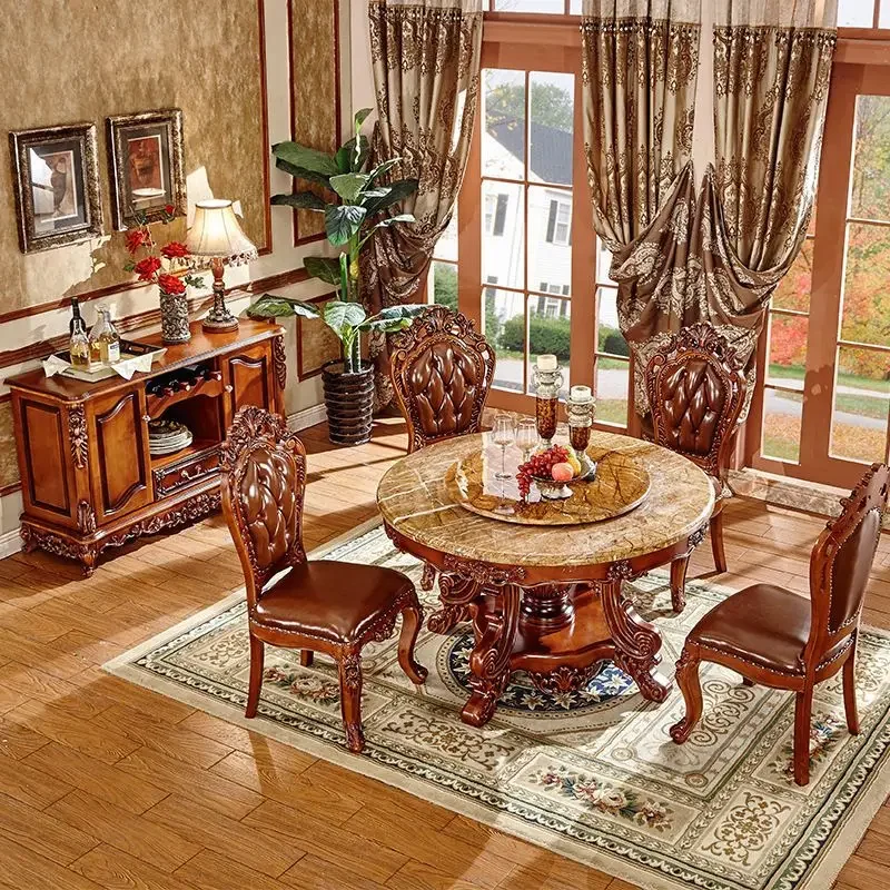 Round dining table and chairs marble all solid wood combination eating table furniture