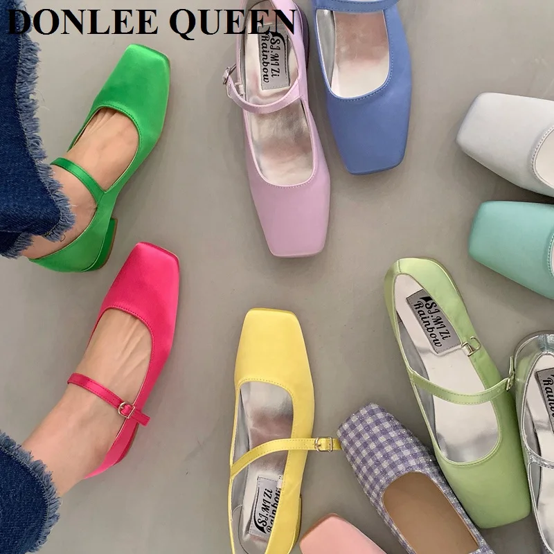 2024 New Spring Summer Shoes Women Flat Heels Square Toe Mary Jane Ballet Flats Rainbow Candy Color Ballerina Soft Casual Loafer