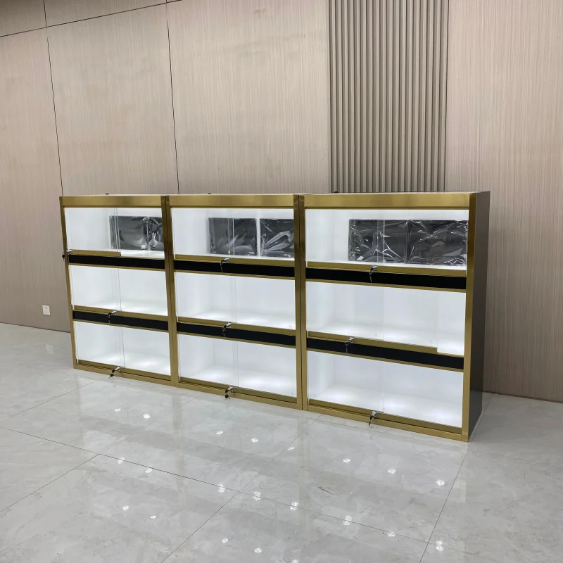 

Customize.Multi-layer Glass Display Cabinet LED Light Gold Frame Layered Storage Wall Cabinet Jewelry/cultural