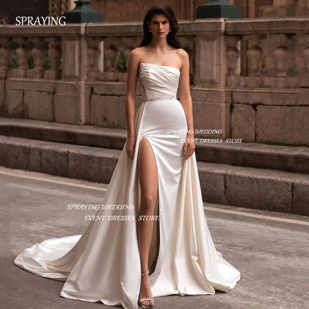 SPRAYING Luxury Strapless Satin Sparkly Wedding Dress Photo Shoot Mermaid Long Slit Detachable Train Bridal Gown Robe De Mariée