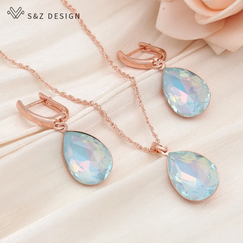 S&Z DESIGN New Fashion Classic 585 Rose Gold Color Water Drop Crystal Dangle Earrings Jewelry Sets For Women Wedding Necklace