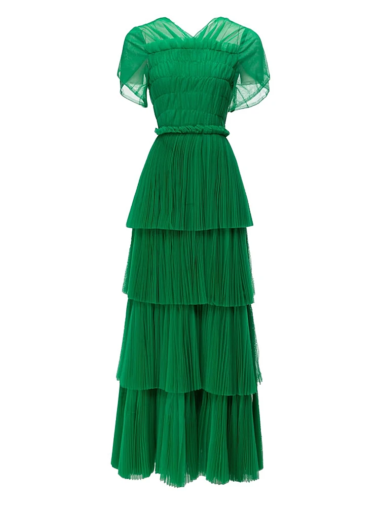 Luxury High Quality Fashion Summer Party Sexy Green Pleated Cake Elegant Casual Sweet Tops Office Girls Long Dresses For Women