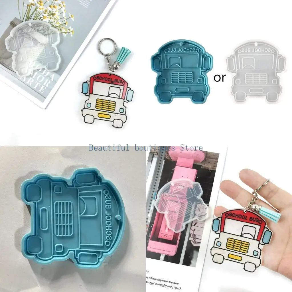 

U4LF Shiny Glossy Cartoon School Bus Keychain Silicone Epoxy Resin Mold DIY Keychain Pendant Jewelry for Anniversary Gift