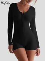 Hugcitar Spring Ribbed Solid Square Collar Long Sleeve Buttons Sexy Bodycon Skinny Playsuit Women Casual Romper Streetwear Sport - Image 4