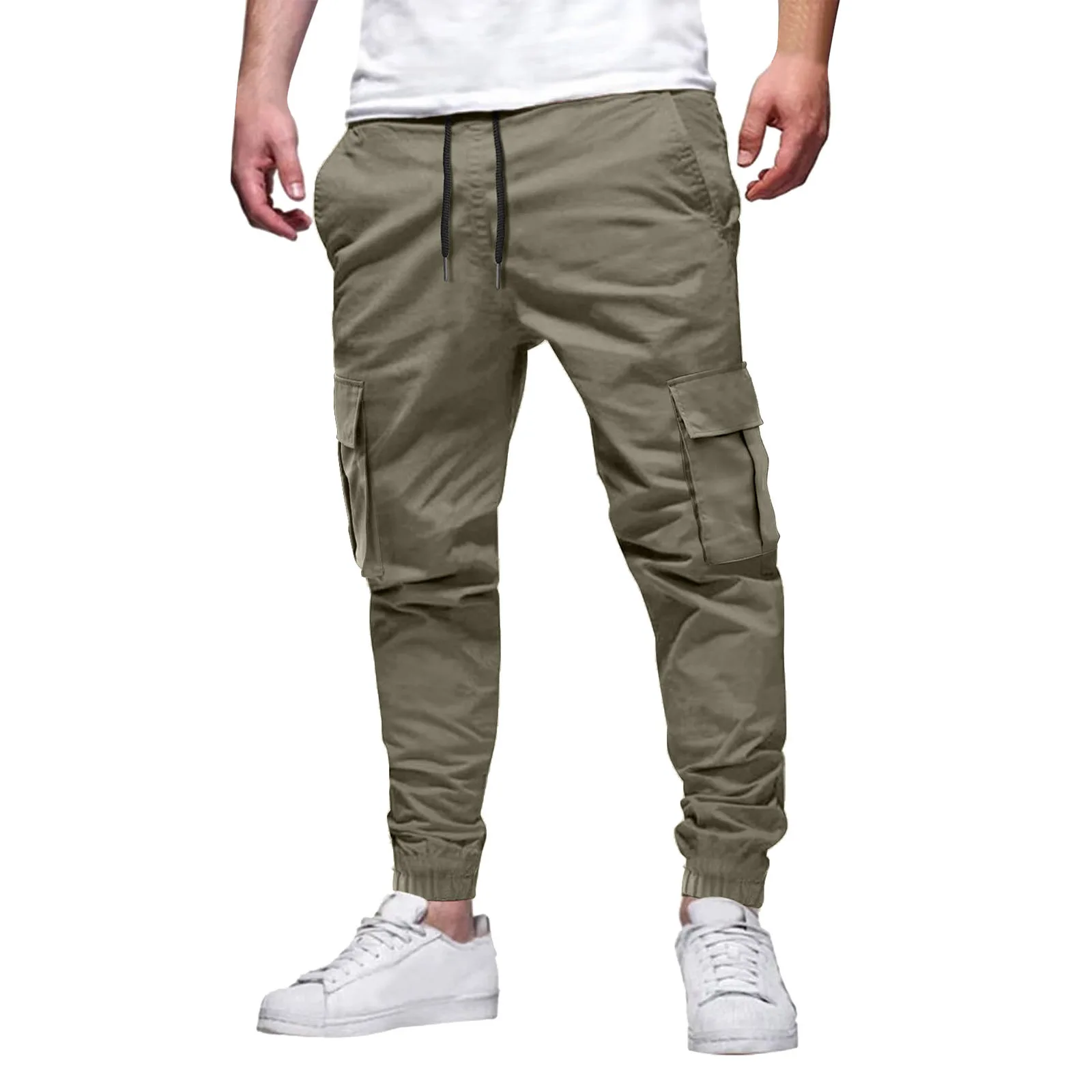 Men's Casual Multi-Pocket Elastic Waist Overalls Ankle Pants Outdoor Sports Solid Color Spring Autumn Nine-Point Trousers