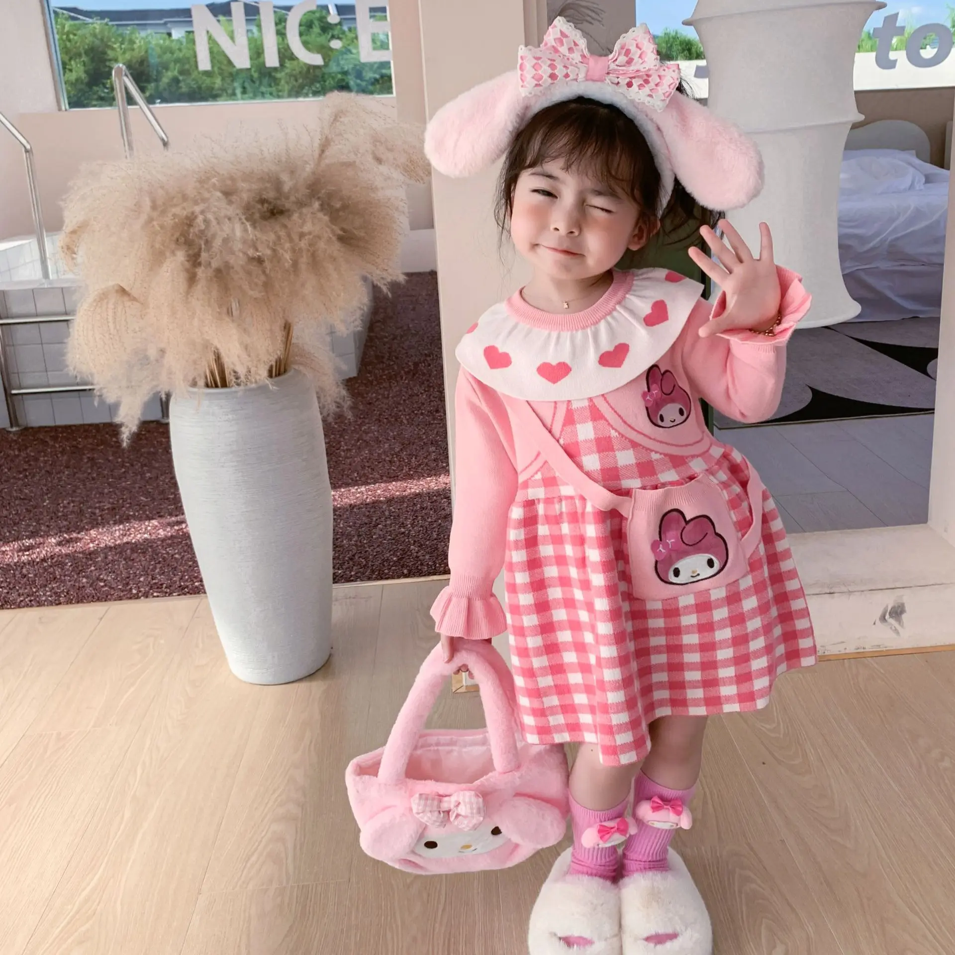 Anime Sanrios Hellokittys My Melody Kuromi Autumn Winter Cute Girl Dress Fur Ball Color Matching Kids Knitted Long-Sleeved Skirt