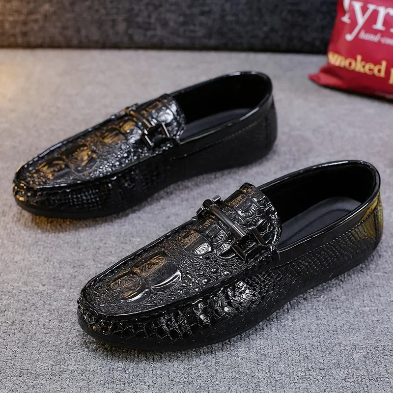 Summer New Men's Crocodile Pattern Casual Shoes Korean Style Trendy Breathable Driving Shoes British Style Fashionable Footwear