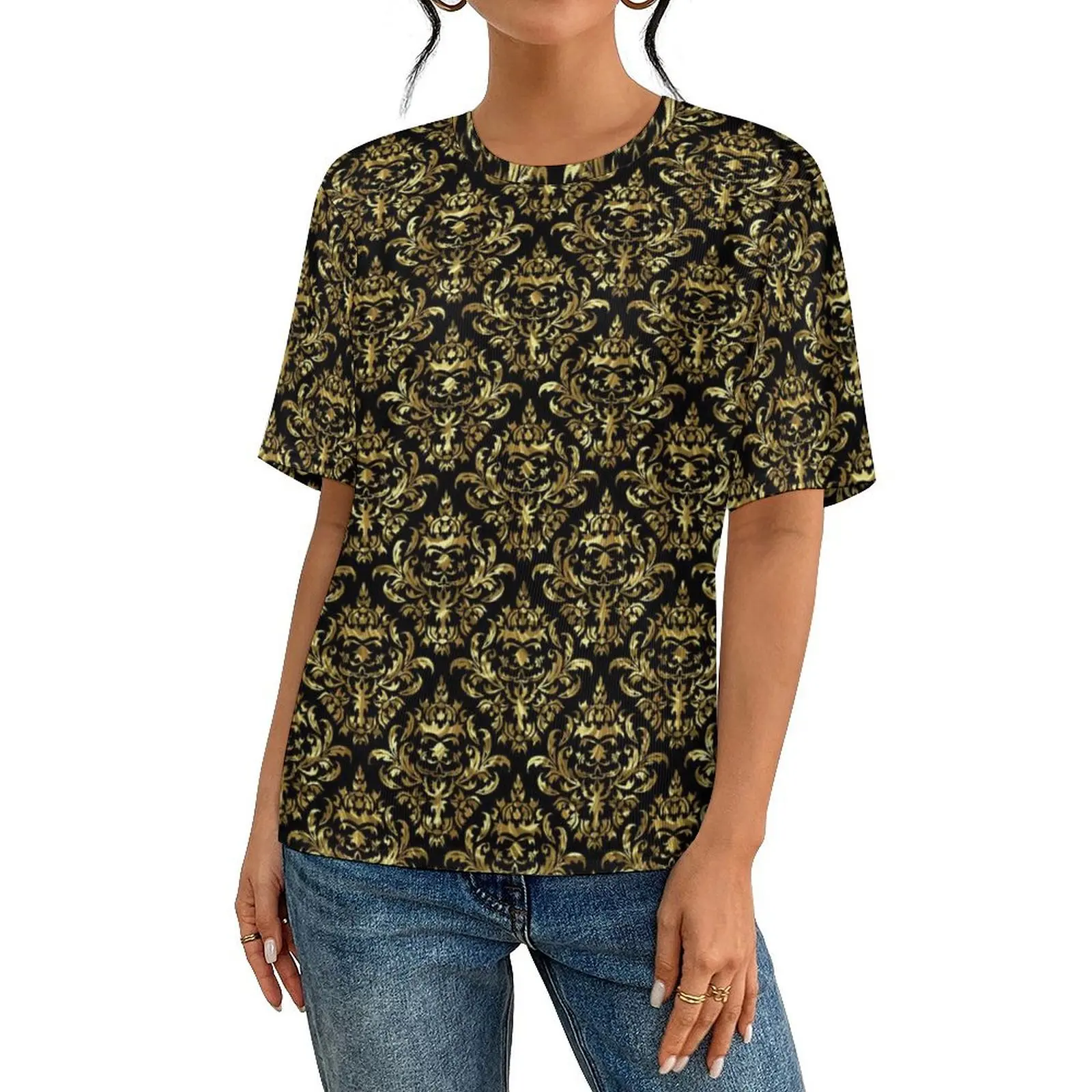 Gold Floral Damask T Shirt For Men Geometric Print Design O Neck T-Shirts Beach Vintage Short-Sleeve Streetwear Oversized Tees