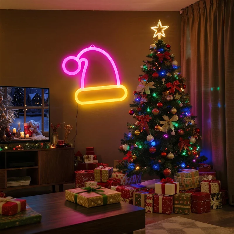 Christmas Neon Sign Light Santa Hat Christmas Stocking LED Neon Light Pink Yellow Wall Hanging Decor for Christmas Party Bedroom