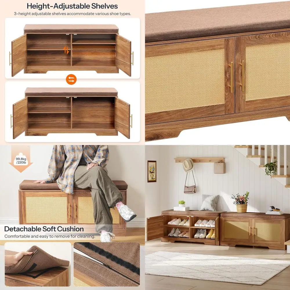 Panca portascarpe in rattan con cuscino, organizer in legno a 2 ante, 39,2 L x 13,4 L x 18,9 A, ideale per ingresso e camere da letto
