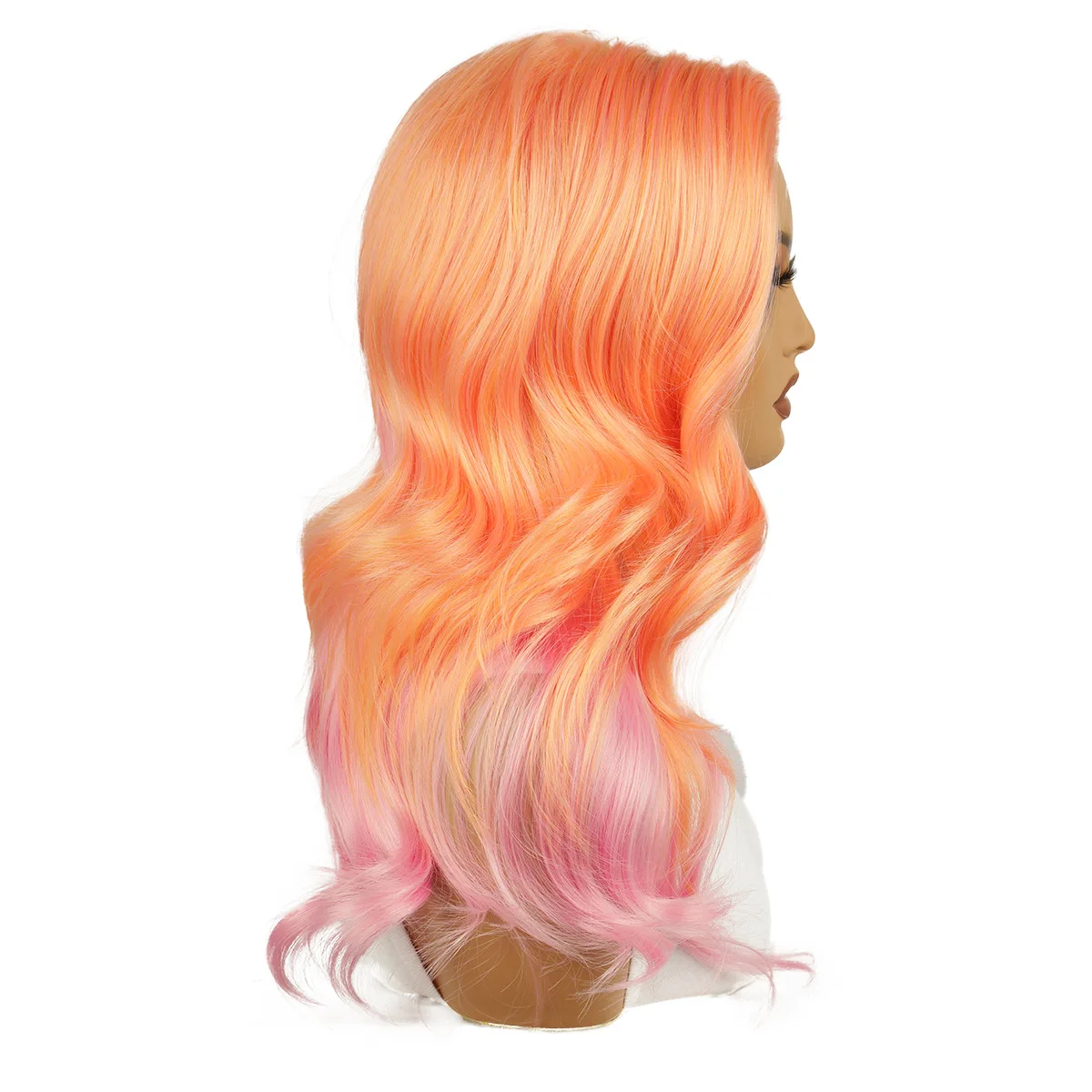 Orange pink highlights wavy partial wig female long curly hair chemical fiber full head cover coswig