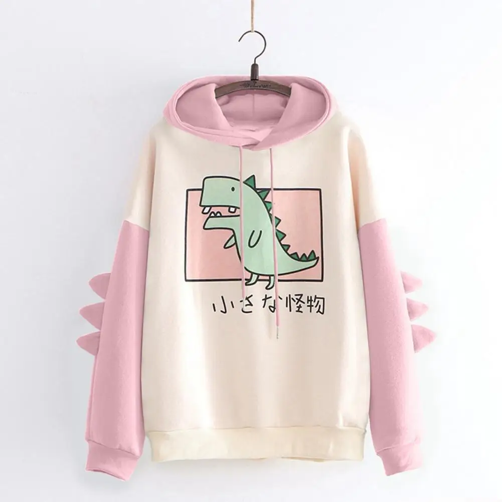 Duurzame Herfst Uitloper Dinosaurus Patroon Losse Trekkoord Capuchon Lange Mouw Nieuwigheid Sweatshirt