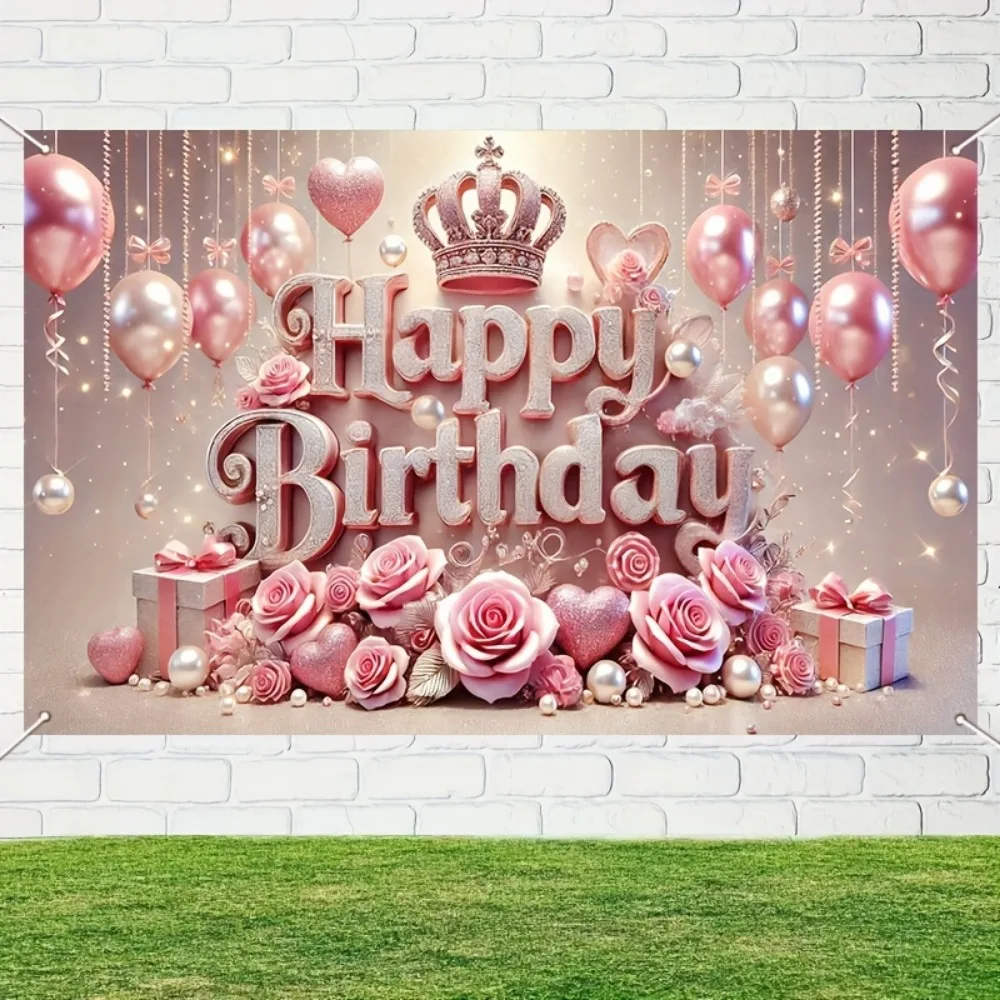 Happy birthday photography background, gorgeous crown and balloon theme, pink roses and glitter gift decoration