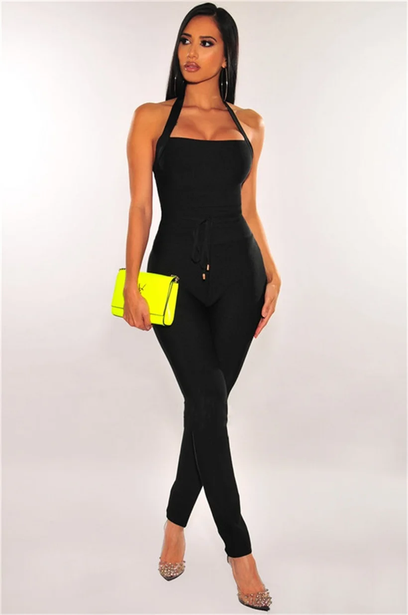 2023 High Quality Black Women Turtleneck Neck Rayon Bandage Sexy Bodycon Celebrity Party Jumpsuits Vestidos