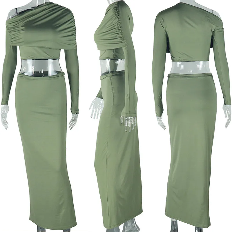 Conjuntos de vestido largo fruncido de noche de fiesta sexy para mujer, conjunto de dos piezas, trajes de Club Rave, Top corto con cuello oblicuo + falda larga, conjuntos a juego