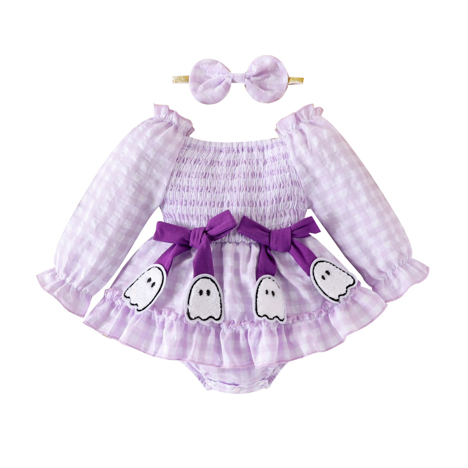 Halloween-Stramplerkleid für Babys und Mädchen mit Schleife und Stirnband, langärmelig, karierter Druck, elastischer Ausschnitt – Detail 6