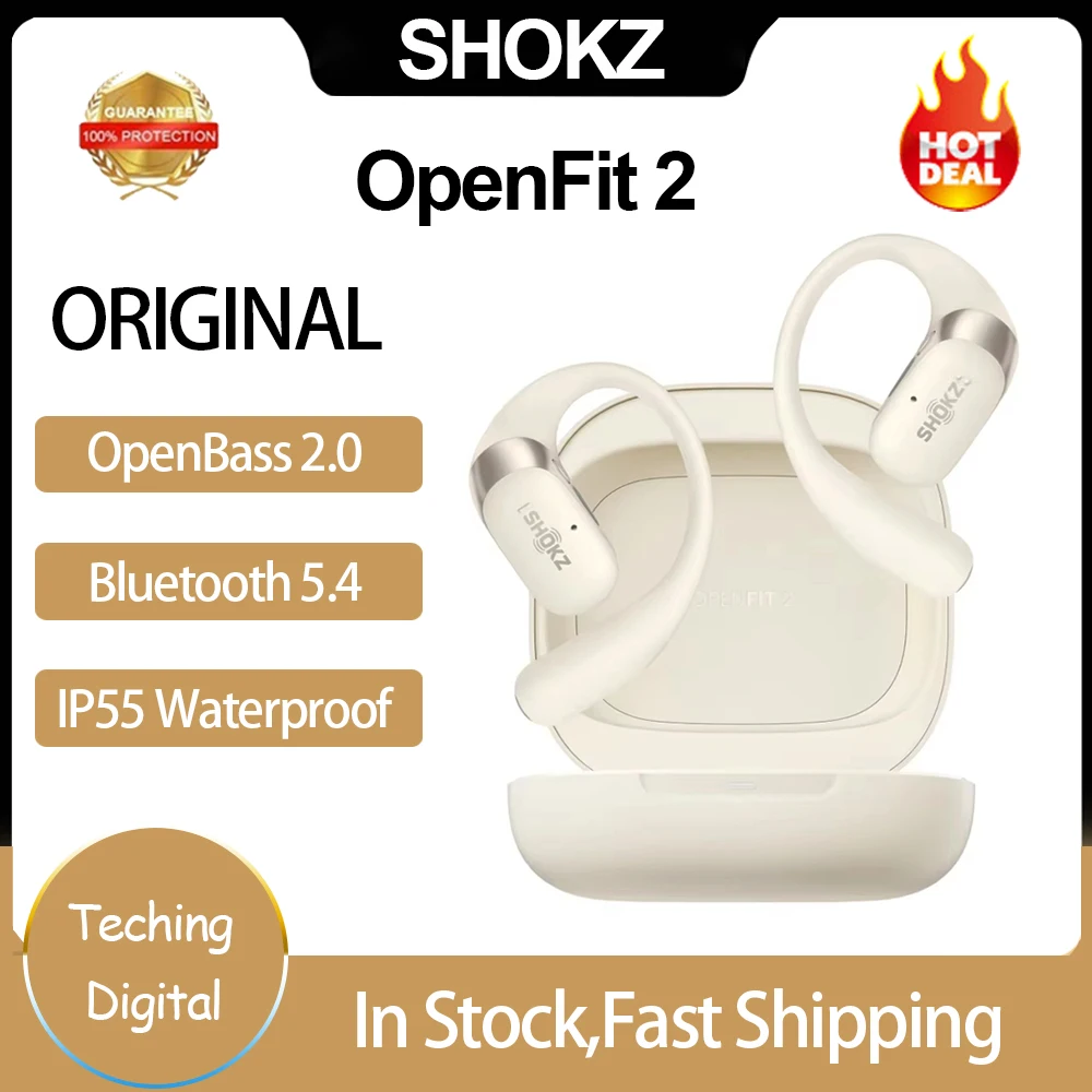 SHOKZ OpenFit 2 Наушники с открытыми наушниками Bluetooth 48 часов воспроизведения Ушные крючки Наушники с открытыми ушами Быстрая зарядка IP55 Водонепроницаемые