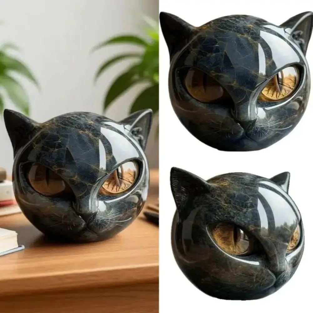 Amber Eyes Black Cat Stone Figurine Marble Texture Resin Luxury Marble Texture Obsidian Black Crystal Healing