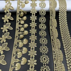 Gold Embroidered Polyester Lace Trimmings, Collar Fringe, Wedding Dress Patches, Ribbon Fabric, Sewing Accessories, 1Yard