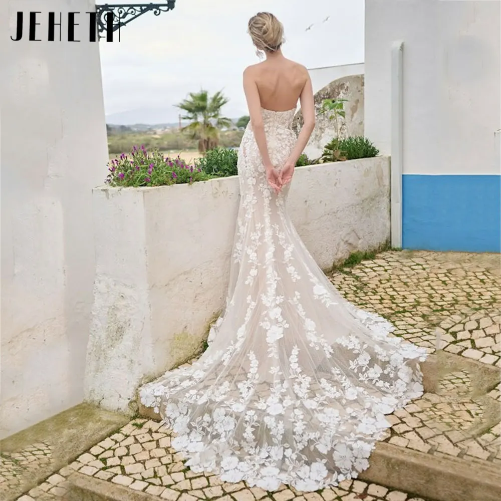 JEHETH Strapless Sereia Apliques Vestidos De Casamento Sem Mangas Backless Vestidos De Noiva Tule Custom Made vestidos para mujer 2024JEHETH Strapless Sereia Apliques Vestidos De Casamento Sem Mangas Backless Vestidos