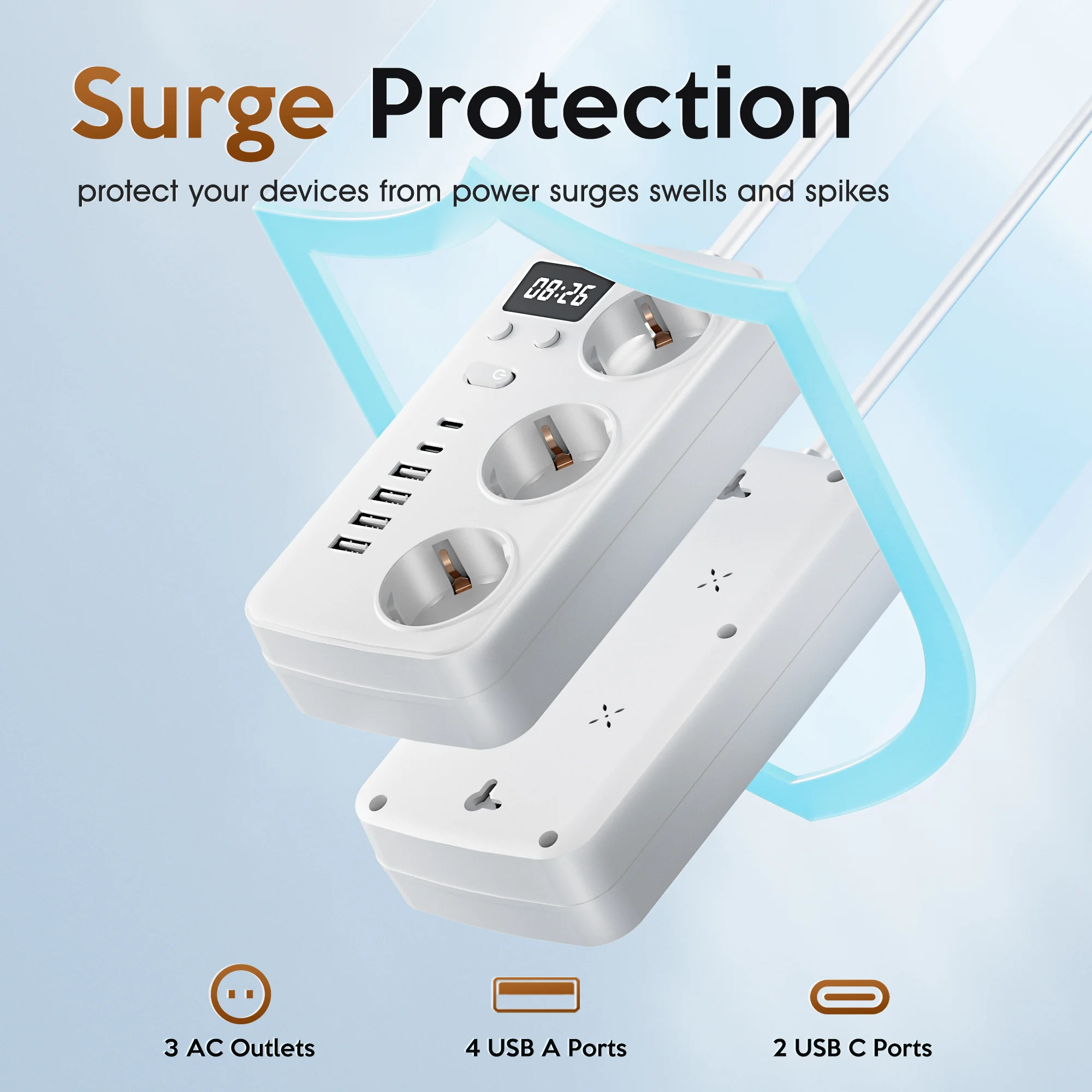 

Удлинитель 10 в 1 ЕС с интеллектуальными цифровыми часами — 3 переменного тока, 4 порта USB и 2 порта Type-C, зарядная станция с удлинителем