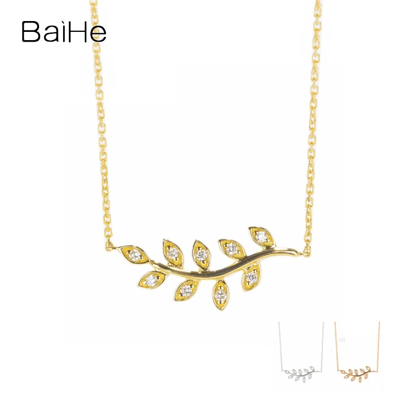 BAIHE Solid 18K Yellow Gold 0.10ct H/SI Natural Diamond Leaf Necklace Women Trendy Gift Fine Jewelry قلادة ورقة lehtikaulakoru