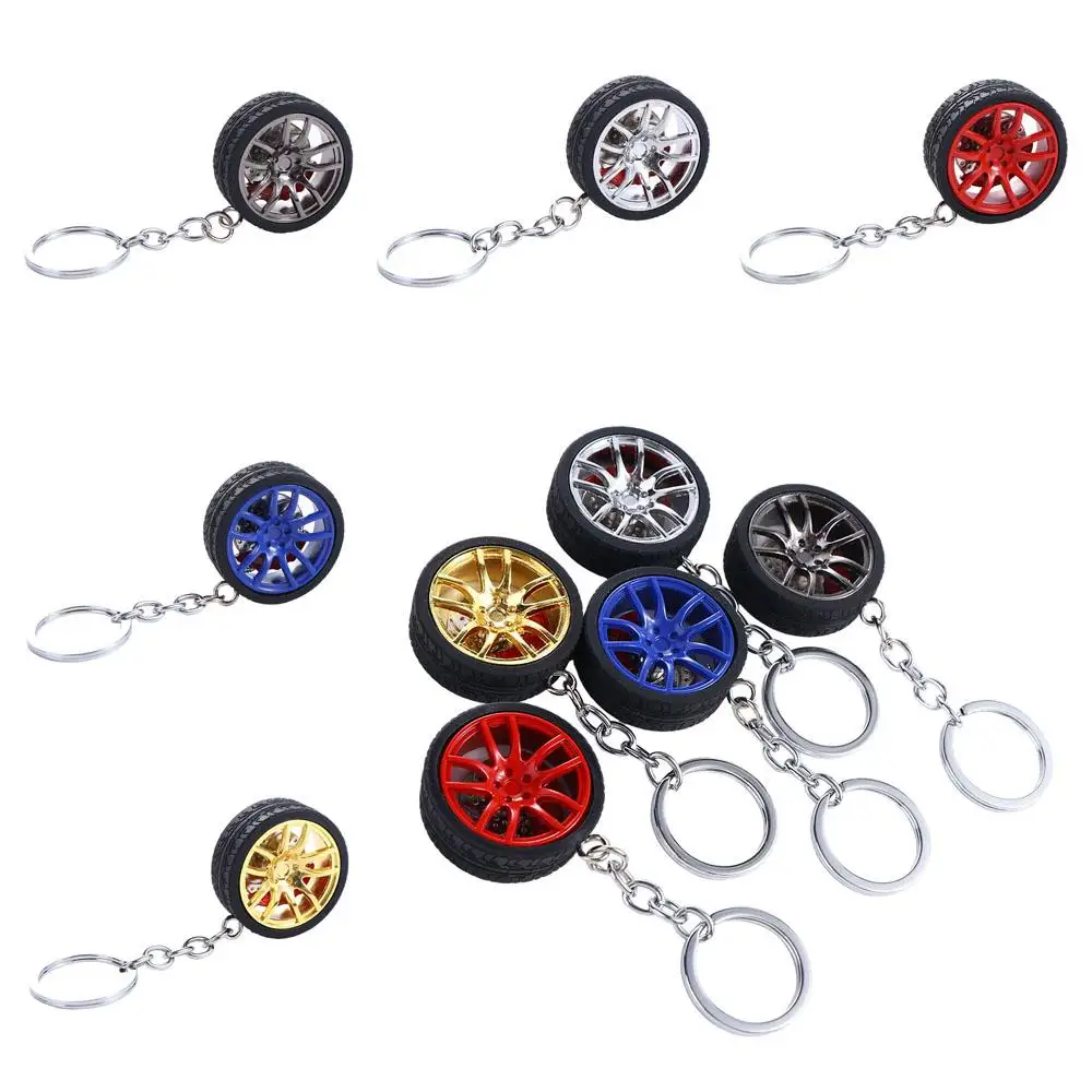Simulation Tire Car Wheel Keychain Alloy Wheel Rim with Brake Disc Rubber Tire Keyring Auto Wheel Silicone Car Decoration