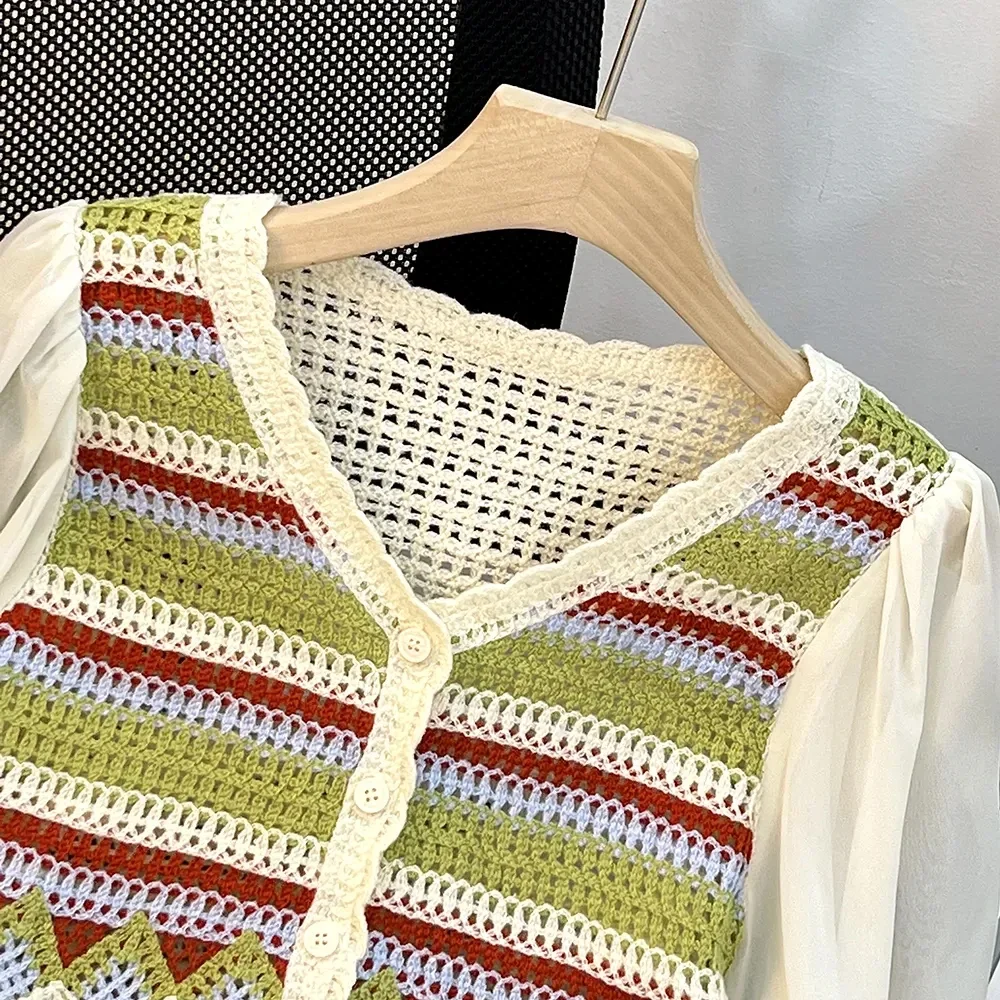 Women Crochet Top Boho Multicolor Striped Chiffon Sleeve Button Front Open-knit Blouse Fairycore Spring Summer Beach Wear