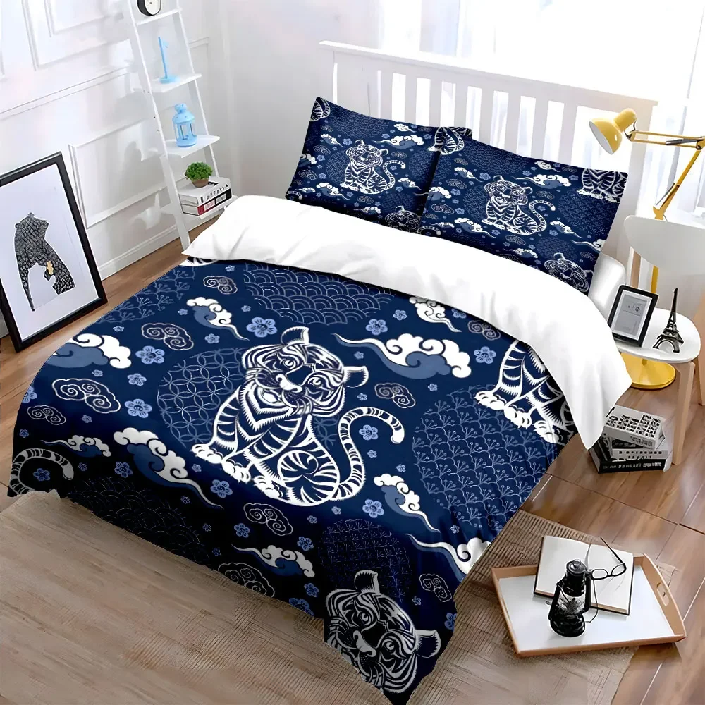 3Pcs Chinese Tiger Bedding Set, Blue and White Tiger Pattern Print Duvet Cover + 2 Pillowcases, Traditional Asian Decor gift