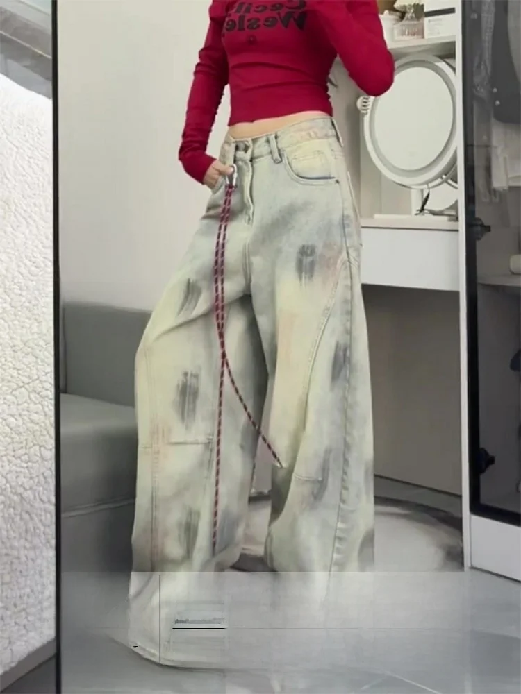 

Женские джинсы в стиле ретро, американские, укороченные, из окрашенного денима, на осень-зиму, с высокой талией, теплые, широкие, прямого кроя