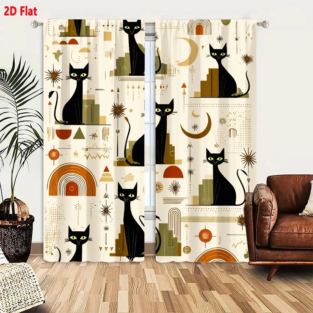 2Pcs Curtains Add 2D Flat Retro Black Cat Pattern Mid Century Modern Geometric Cats On Buildings Moon Stars Mustard Yellow Terra
