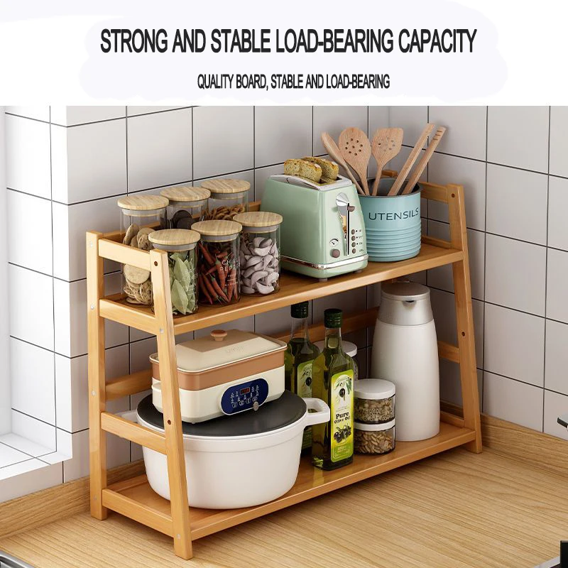 2-Layers Kitchen Multifunctional Storage Rack Oil Bottle Seasoning Microwave Oven Solid Wood Durable Storage Rack Stable Sturdy