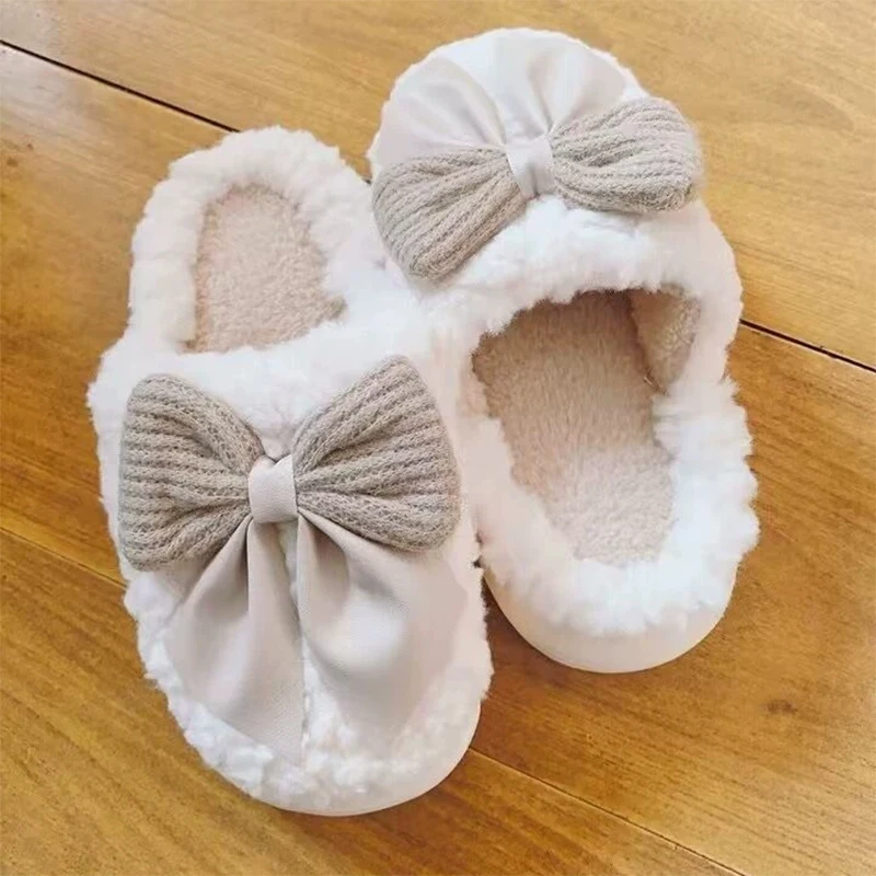 Sweet Pink Bowknot Warm Fur Home Slippers Women Winter Thick Platform Fuzzy Lined Shoes Woman Indoor Anti Slip Cotton Slippers - view 6
