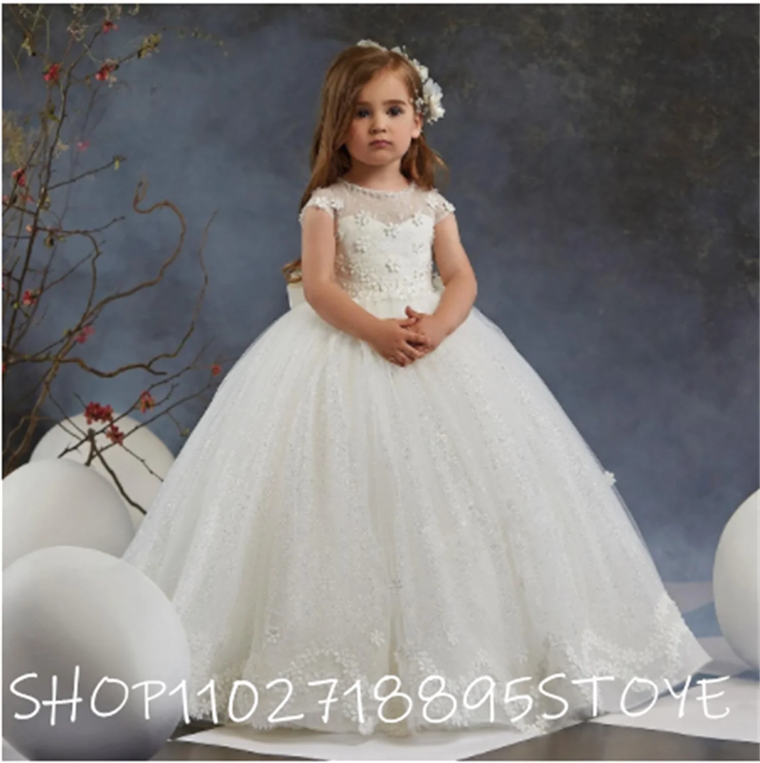 Ivory Glitter Tulle Ball Gown Flower Girl Dresses For Wedding O Neck Pageant Gowns Sequined First Communion Dress Cap Sleeve