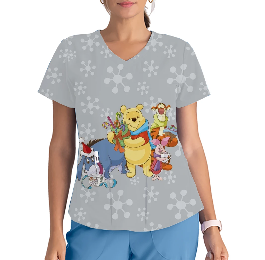 Women's Work Uniform Printed Christmas Series Disney Winnie the Pooh V-neck Pocket Scrub Top Dental Beauty Salon Nursing Clothes