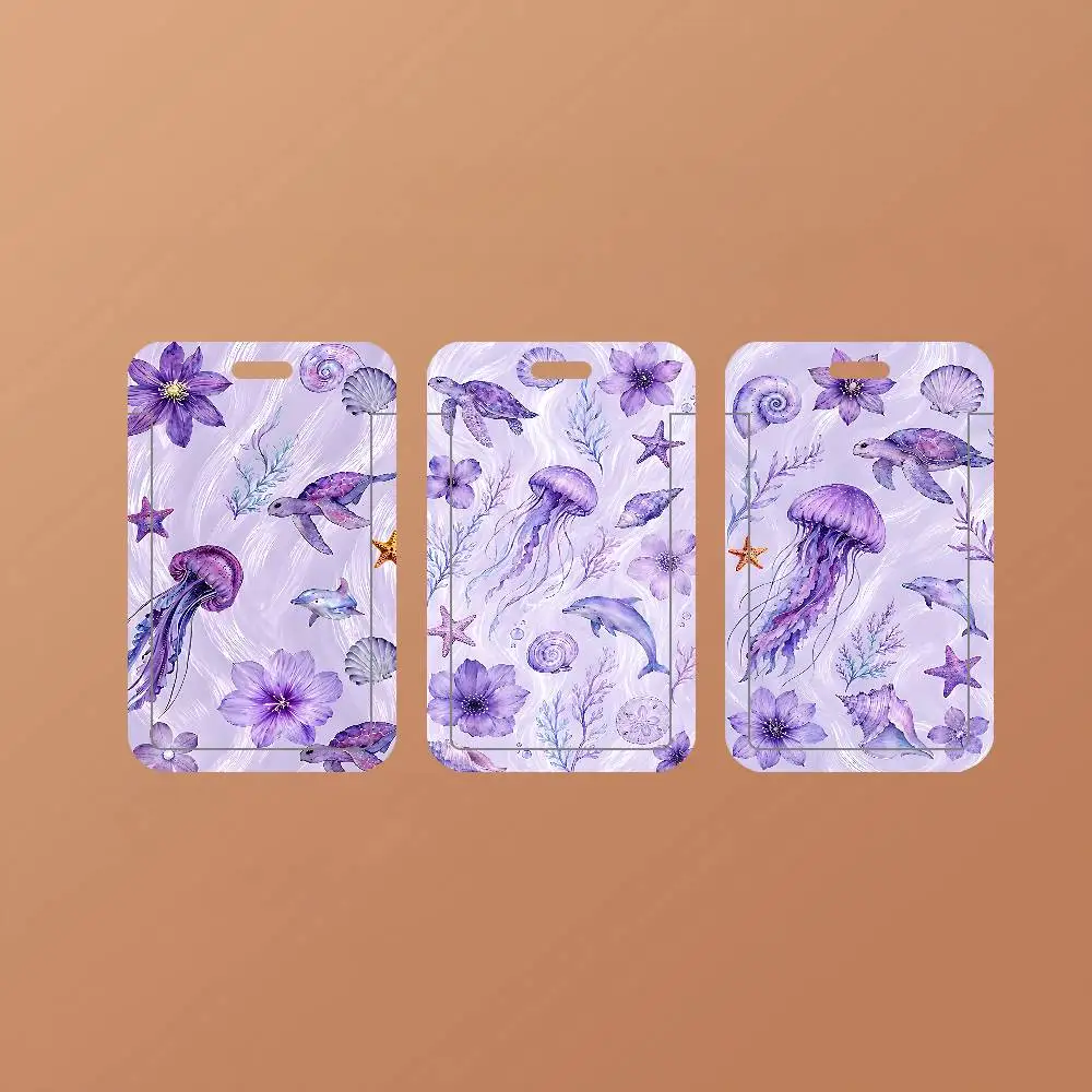Ocean Unique Purple Jellyfish Starfish NFC Contactless Sliding Card Sleeve For Student Cards, Bus Cards, ID Cards