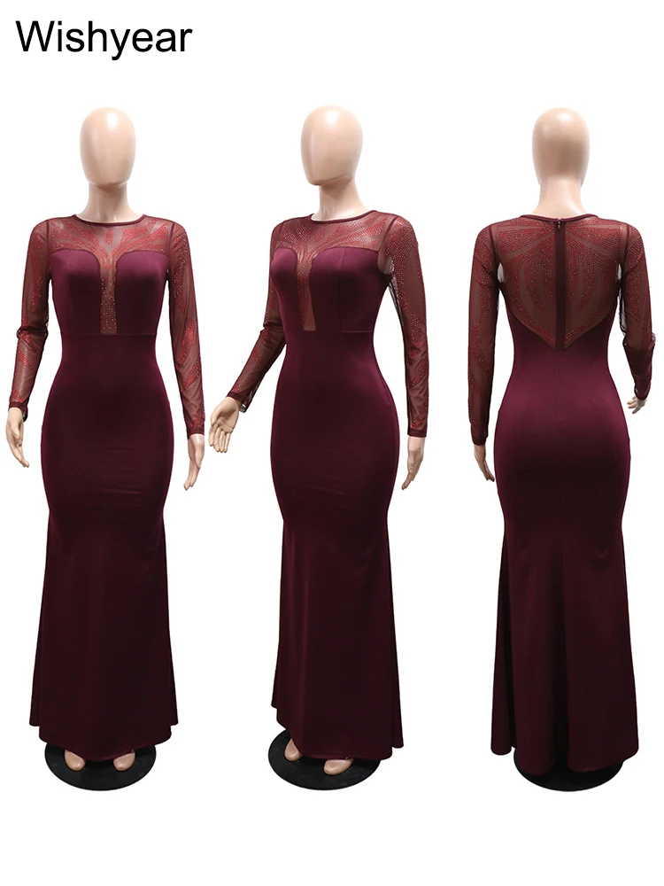 جديد أنيقة مطرز حجر الراين س الرقبة Bodycon حورية البحر فستان ماكسي المرأة بقماش شفاف كم طويل ثوب مسائي حفلة موسيقية Vestidos 2026 #4