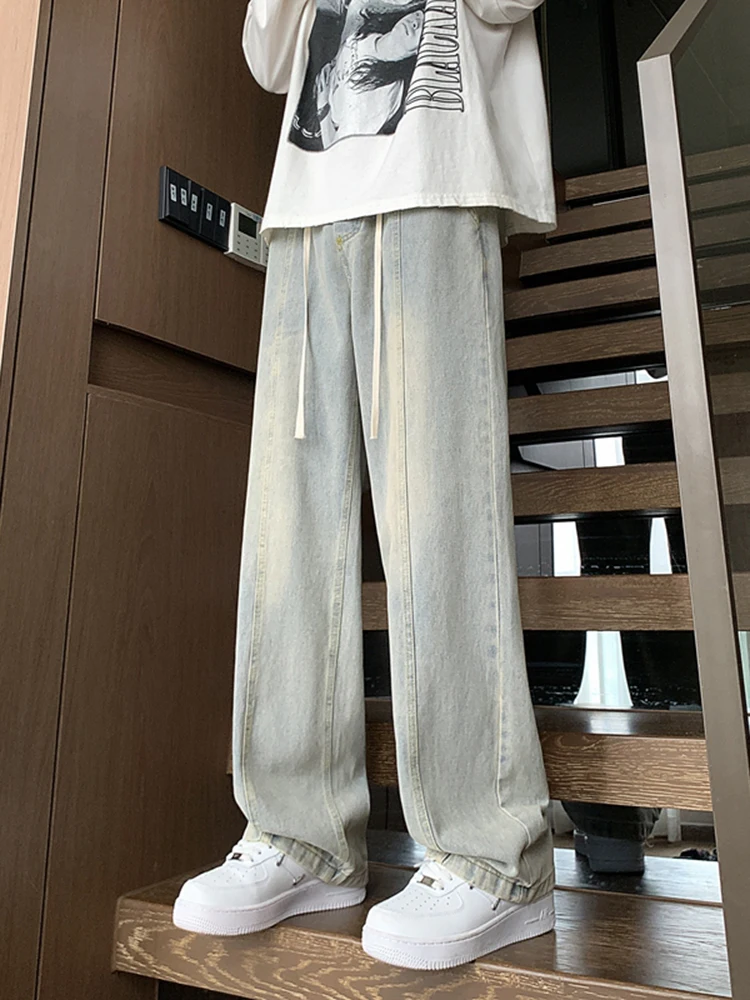 

American Vibe High Waist Wide Leg Jeans Men's Autumn Winter Mud Color Straight Tube Jeans Youth Trendy Cotton Casual Trousers