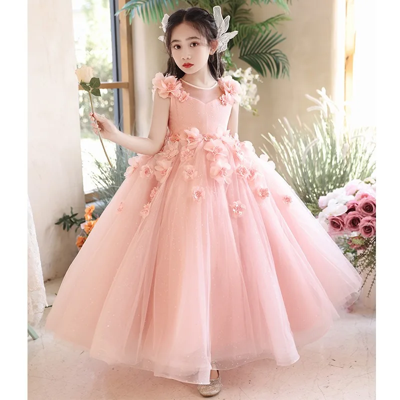 Girls Pink Floral Princess Party Dress Children Flower Girl Performance Pageant Evening Clothes Wedding Gown for Kids Host Piano