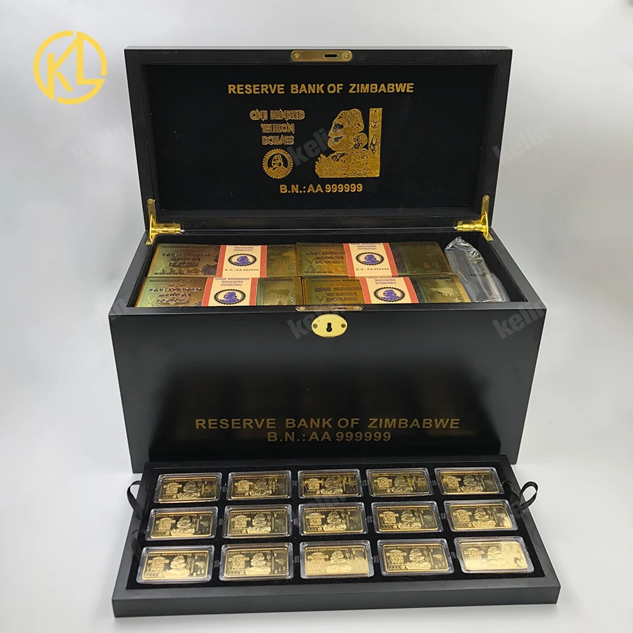 

Fedex Shipping 1280pcs One Hundred Trillion Dollars Zimbabwe Gold Banknote with 30pcs Gold bar and 1wooden box and certificates