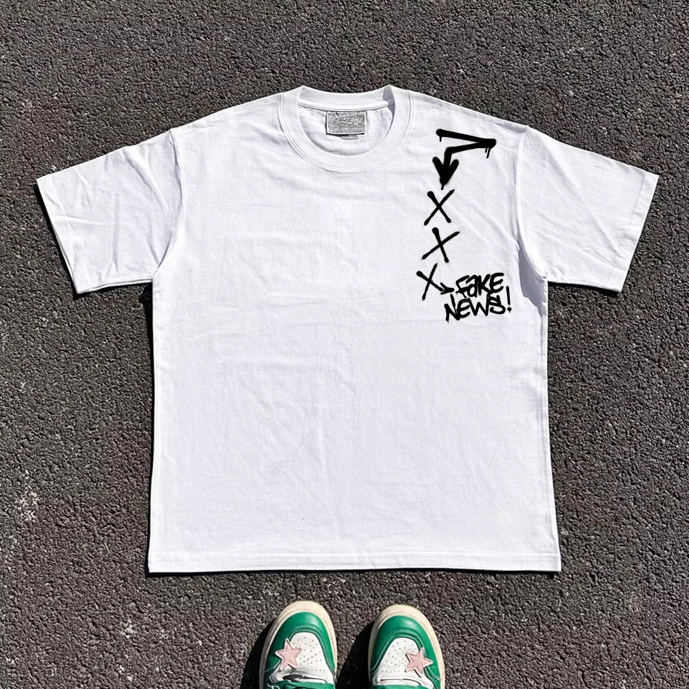 Breathable Loose Shoulder Arrow Letter Short Sleeve T-Shirt Couple Matching Cotton Blend Summer Casual round Neck Top