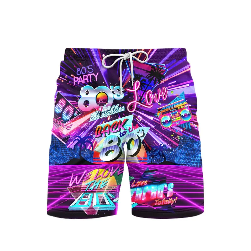 80s Style Music Party 3D Print Beach Shorts Men's Hawaiian Swimsuits Retro Surfing Casual Board Pants Swim Trunks Kids Clothing
