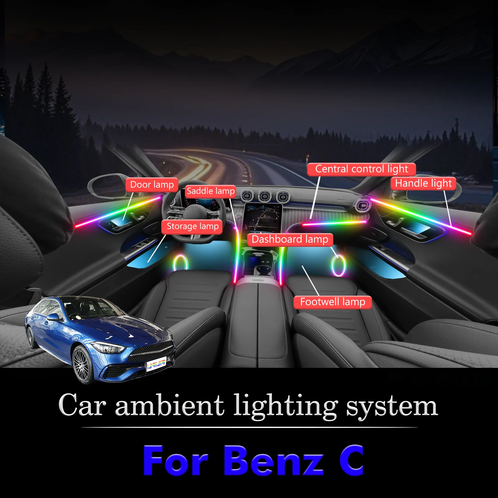 

For BenZ C-Class Car Interior Decorative Ambient Light RGB 64-Color LED Smart Remote Control Energy Saving Lamp Kit