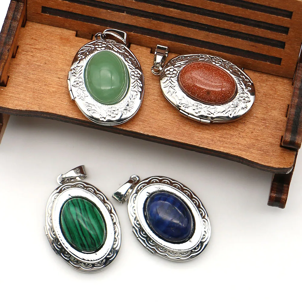 Natural Stone Locket Pendant with Electroplated Copper Patterns Inlaid with Gold-Sand Stone DIY Necklace Jewelry Accessories