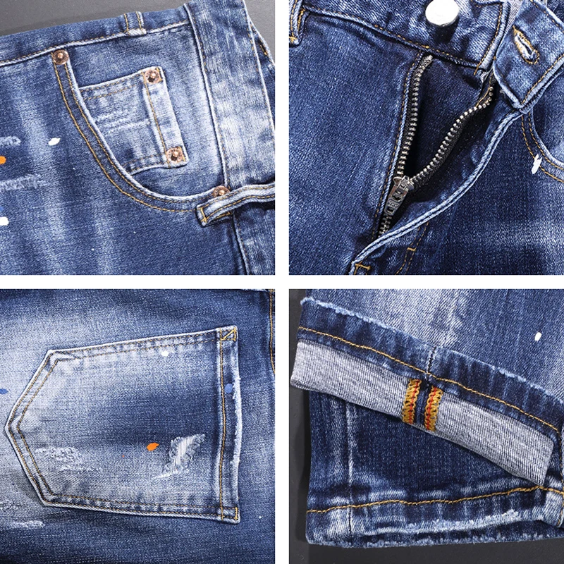 Fashion Designer Men Jeans Retro Washed Blue Elastic Stretch Slim Fit Ripped Jeans Men Painted Vintage Denim Pencil Pants Hombre