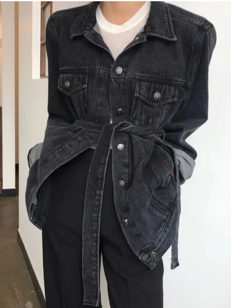 

Loose Women's Denim Jaet with Waist Belt Autumn Street Sle Slimming Top Spring Summer Casual Faion Outerwear Coat