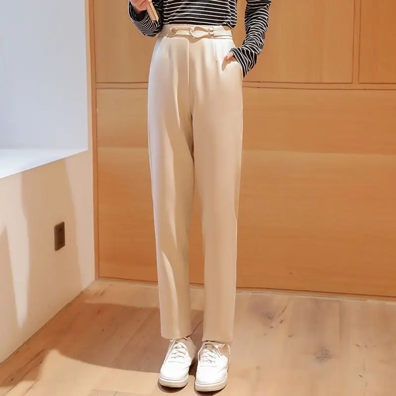 Spring and Autumn Women's Solid Zipper High Waist Classic Halun Pants Button Commuter Slim Fashion Casual All-match Trousers