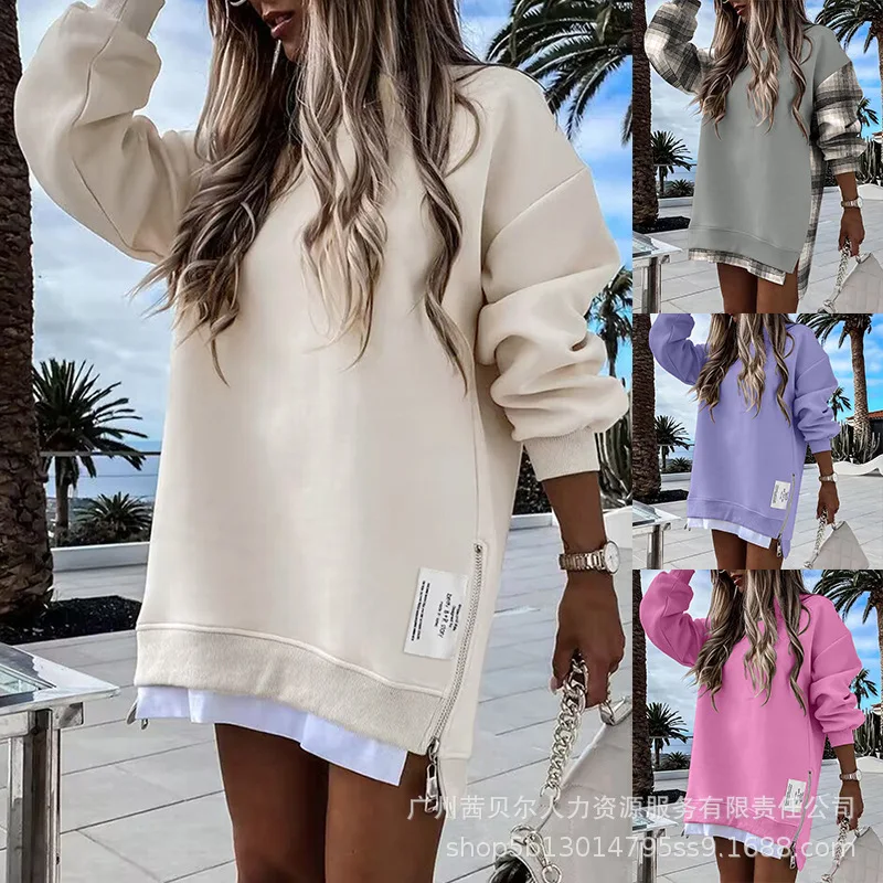 Sweatshirts Women Tops Round Neck Hoodies Y2k Streetwear Punk Elegant Splice Mid Length Top Loose Causal Autumn Winter 2025