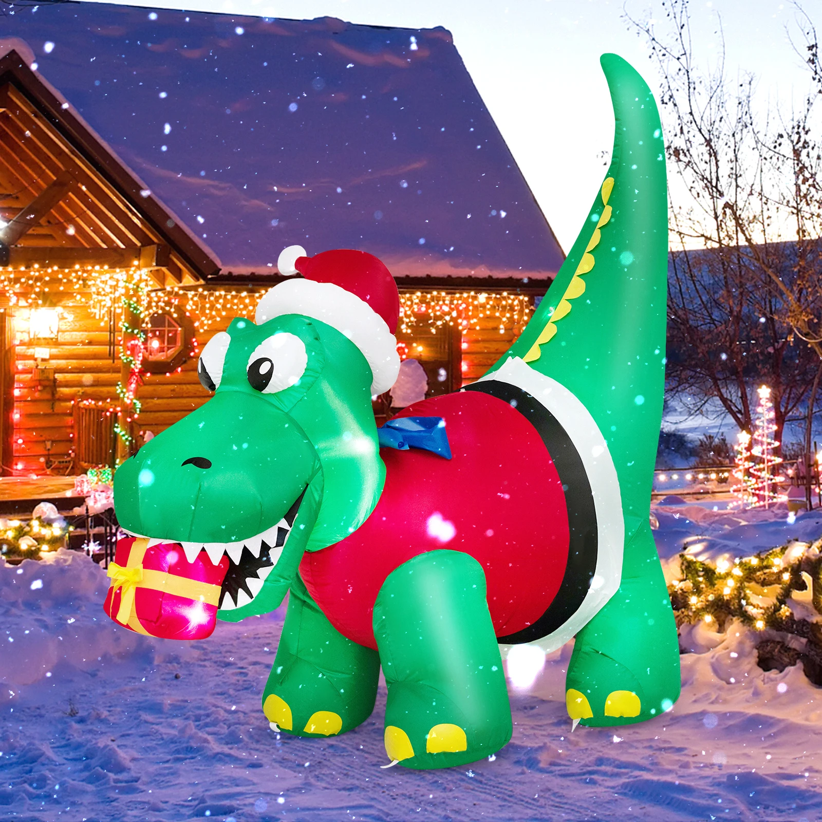 6FT Inflatable Christmas Dinosaur w/ LED Lights Gift Box & Blower Party Yard