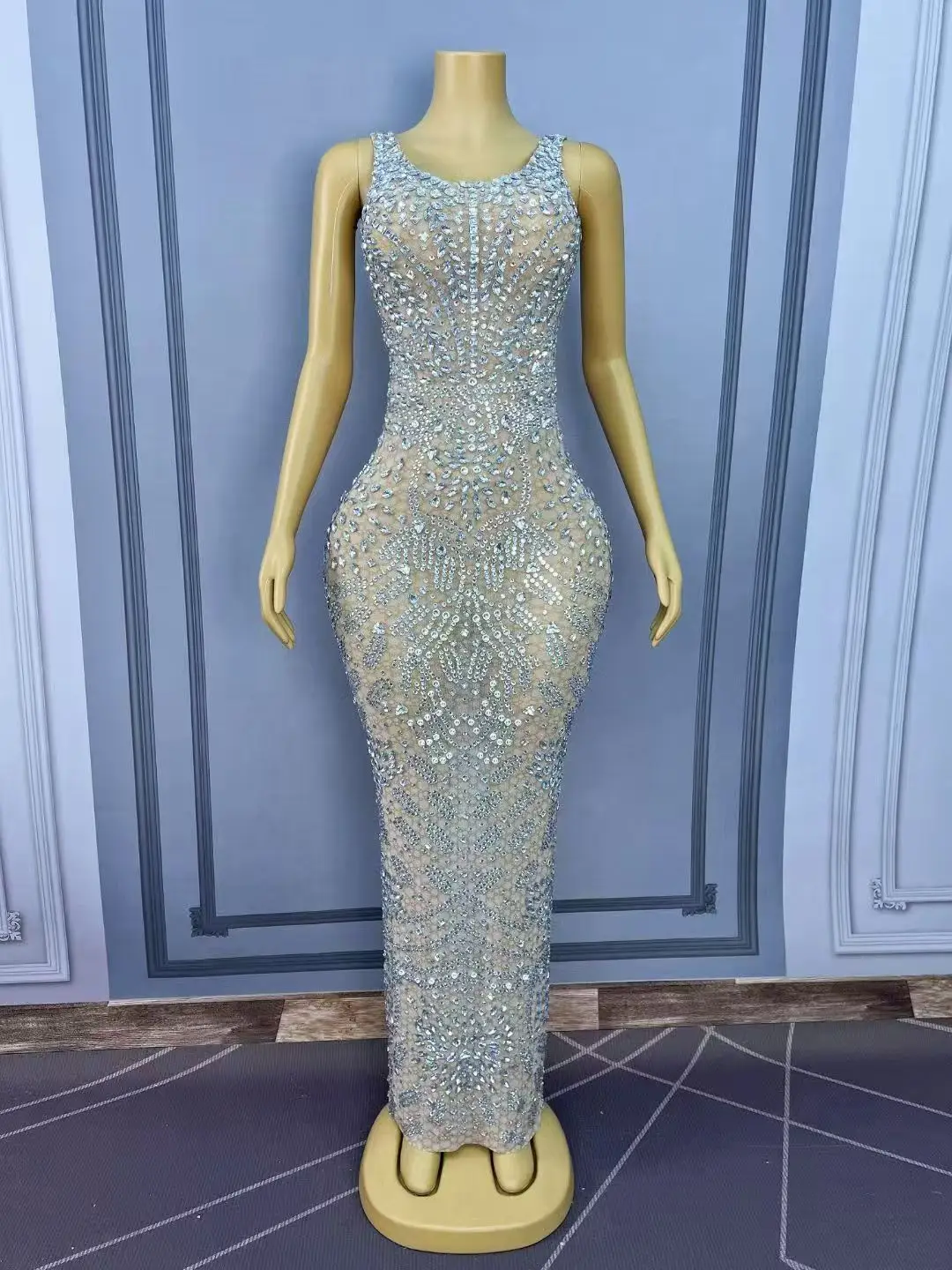 Sexy piscando prata strass sem mangas cultivo maxi vestido feminino noite casamento vestidos elegantes festa tapete vermelho wear